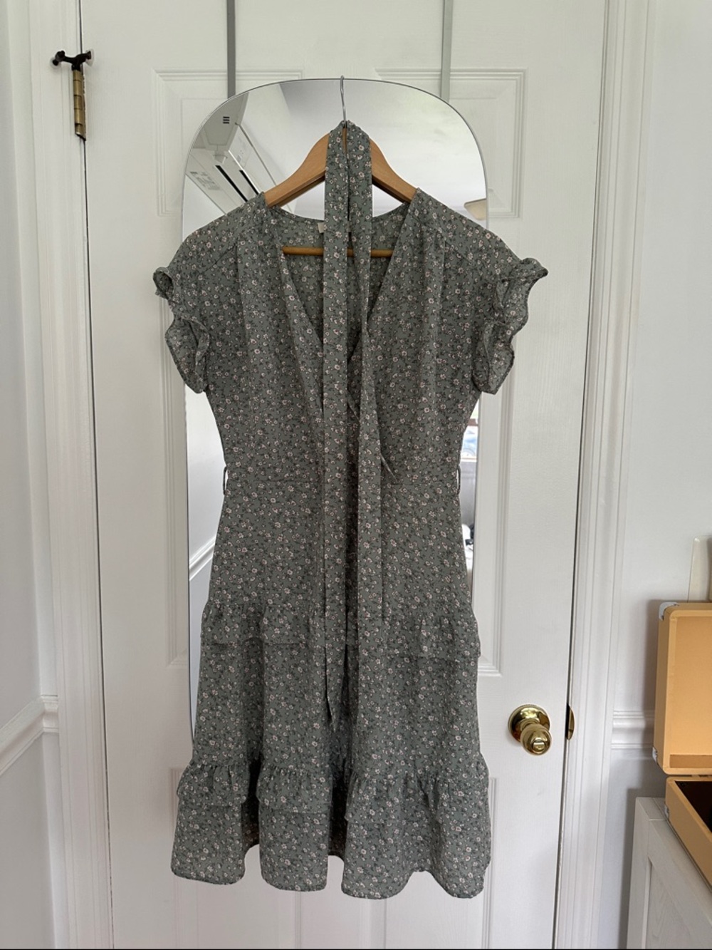 Monteau Sage Green Floral Tie-Neck Midi Dress